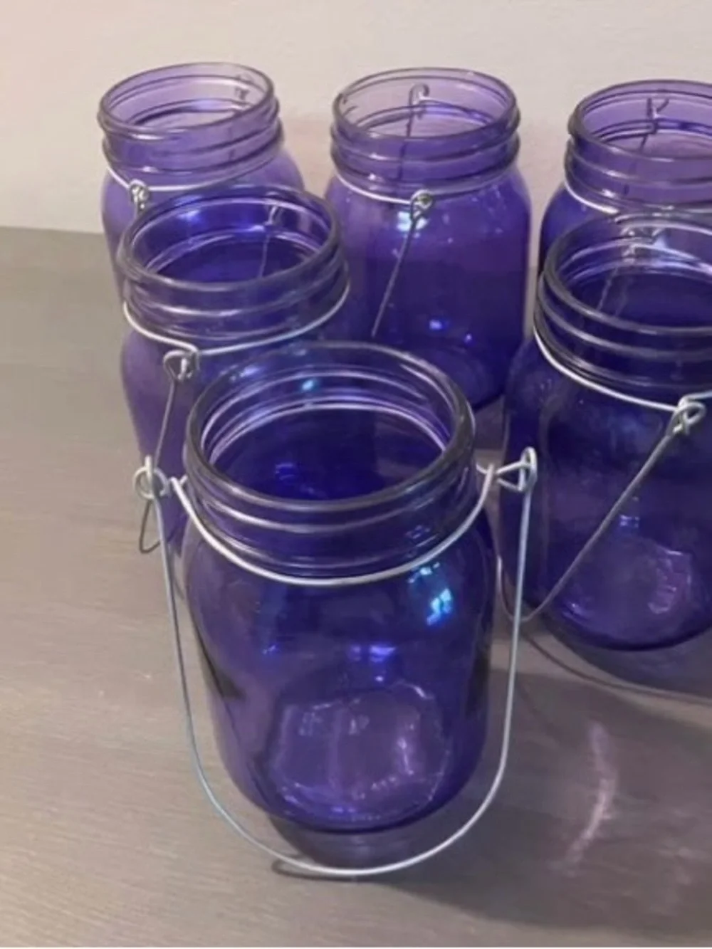 Set of Red and Purple Glass Mason Jar Vases with Handles